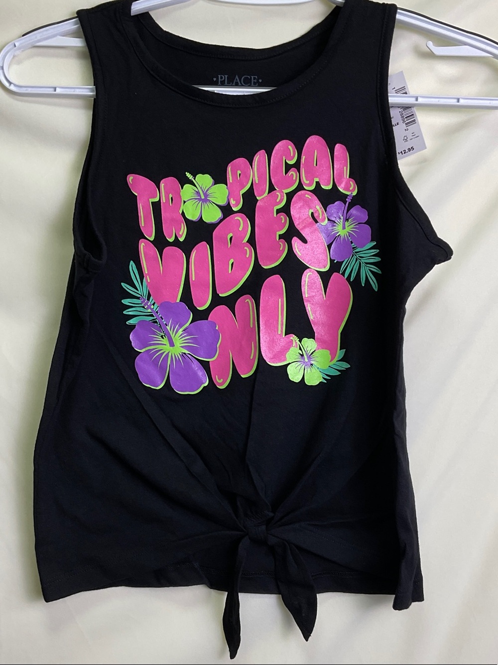 The Children's Place Black Tank with Pink, Purple & Neon Green Tropical Graphic
